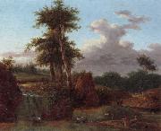 A Wooded landscape with an artist sketching at the base of a waterfall,anmals drinking in a pool nearby